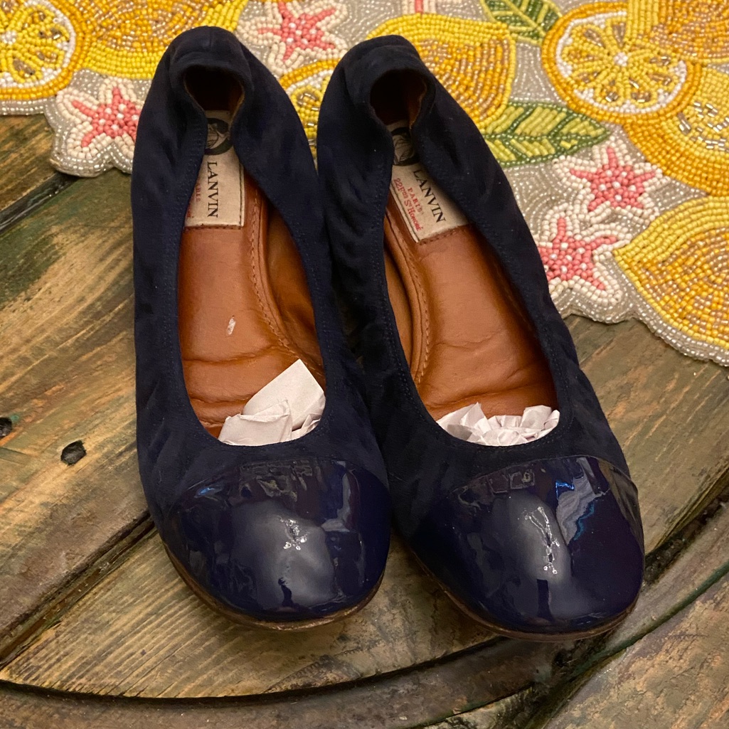 Lanvin The Ballerina Flat In Two Tone Blue Suede & Patent Leather